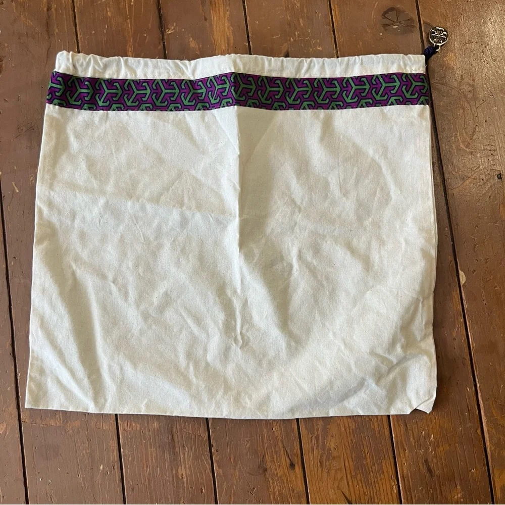 Tory Burch Cotton Dust Drawstring Bag Purple and Green gold-tone logo charm